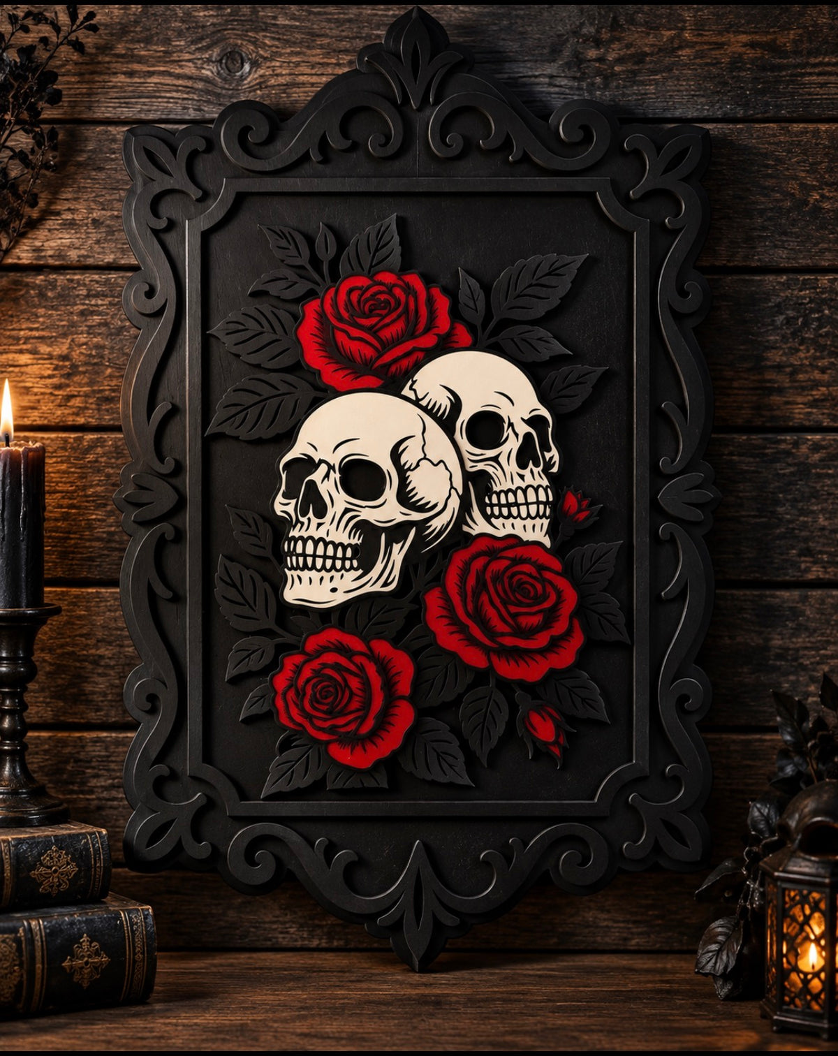 Gothic Skull & Roses Layered Wall Art