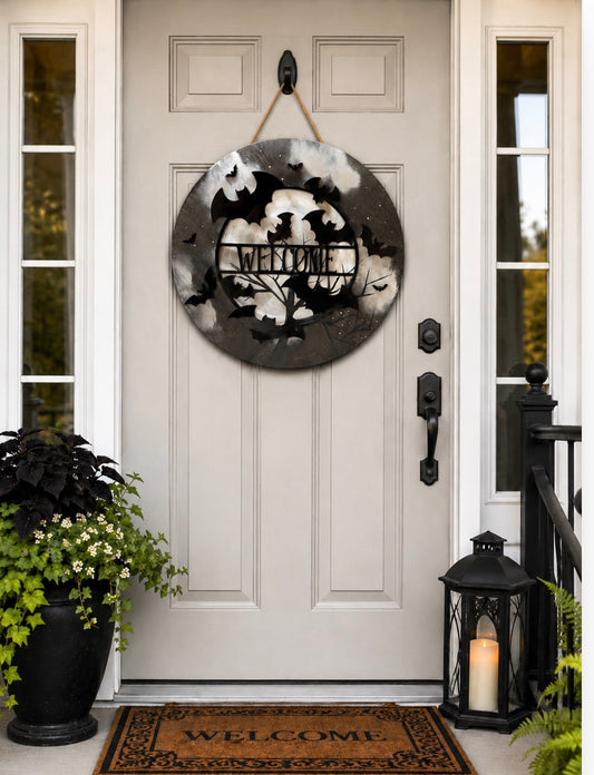 Halloween Bat Welcome Door Hanger | 15" Hand-Painted Wood Sign | Layered Acrylic Front Door Decor