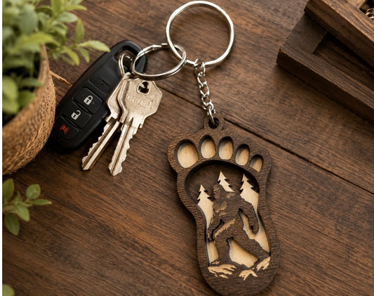 Layered Bigfoot Footprint Wooden Keychain