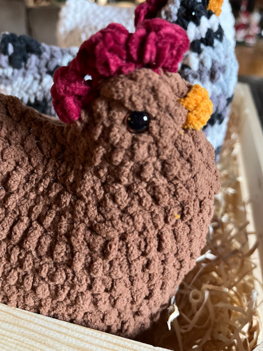 Crocheted farmhouse style chickens
