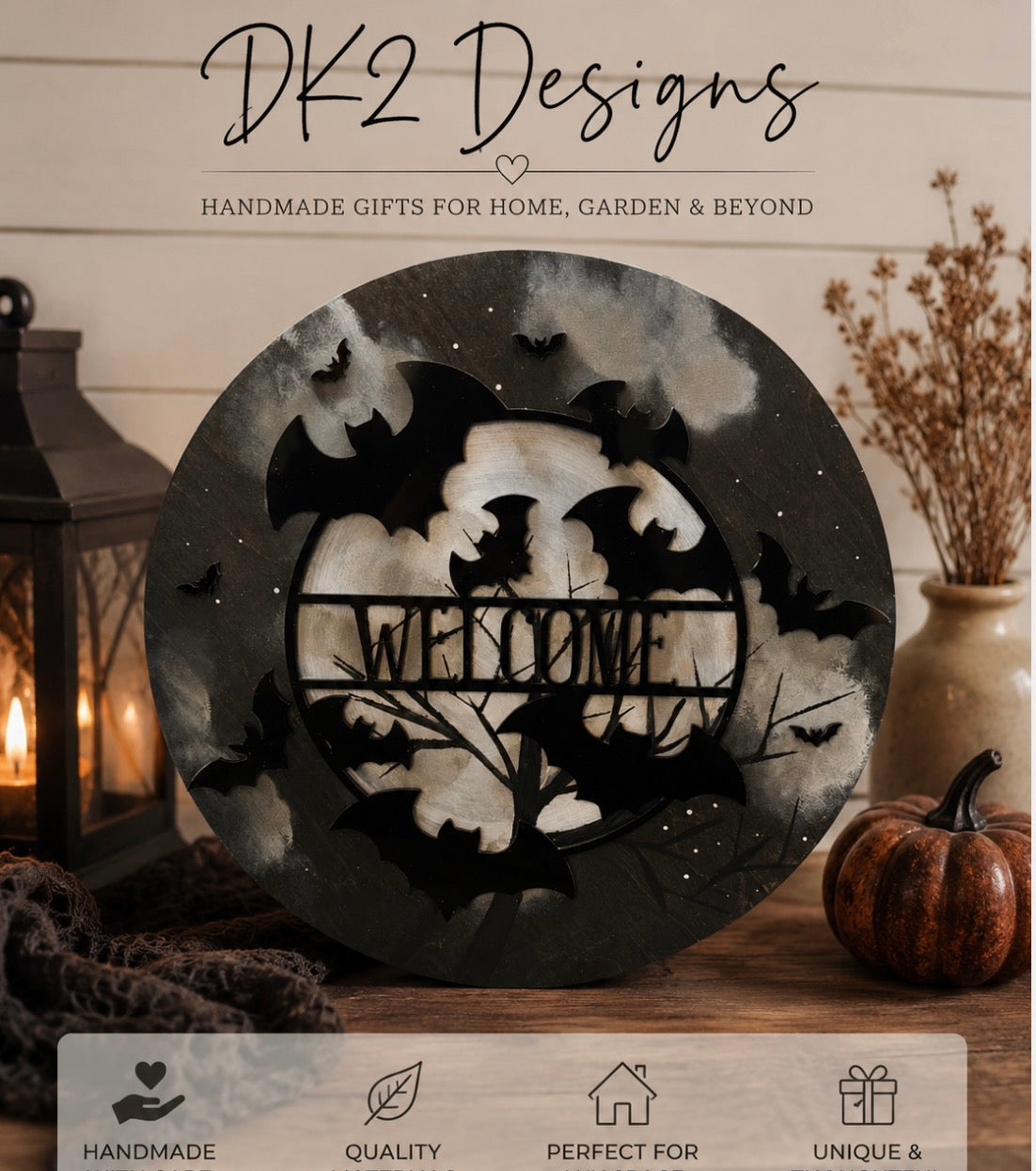 Halloween Bat Welcome Door Hanger | 15" Hand-Painted Wood Sign | Layered Acrylic Front Door Decor